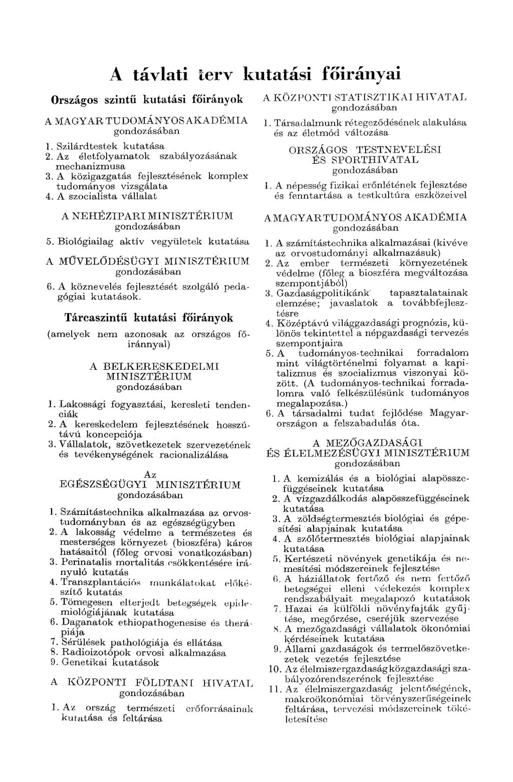 A távlati terv kutatási főirányai Országos szintű kutatási főirányok A MAGYAR TUDOMÁNYOS AKADÉMIA gondozásában 1. Szilárdtestek kutatása 2. Az életfolyamatok szabályozásának mechanizmusa 3.