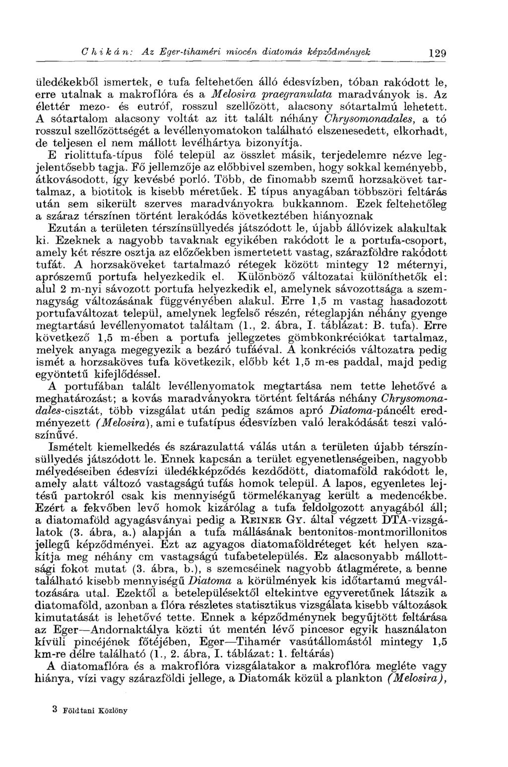 С hi kán: Az Eger-tihaméri miocén diatomás képződmények 129 üledékekből ismertek, e tufa feltehetően álló édesvízben, tóban rakódott le, erre utalnak a makroflóra és a Melosira praegranulata