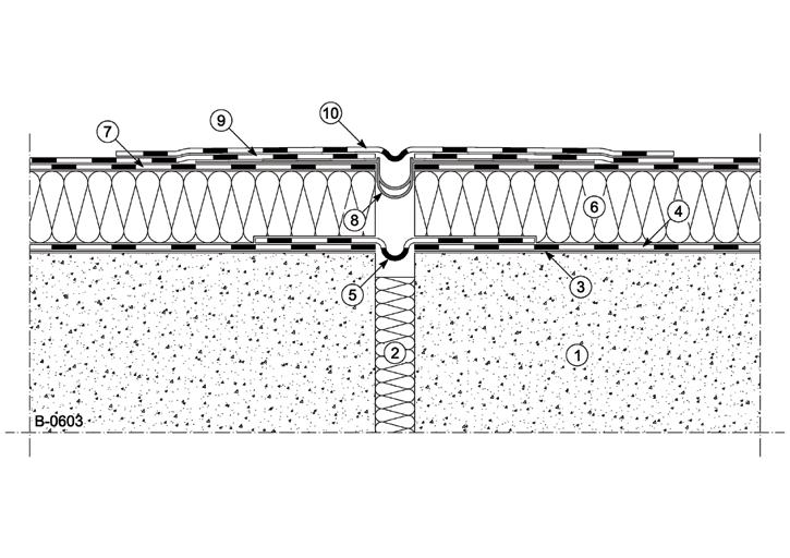 WWW.POLYGLASS.COM B - 0603 részletrajz - Síkban fekvő szerkezeti mozgási hézag 1 Aljzat / tetőfödém 2 Összenyomódó hőszigetelés 3 Bitumenes kellősítés (pl. IDROPRIMER) 4 Páravédelmi réteg (pl.