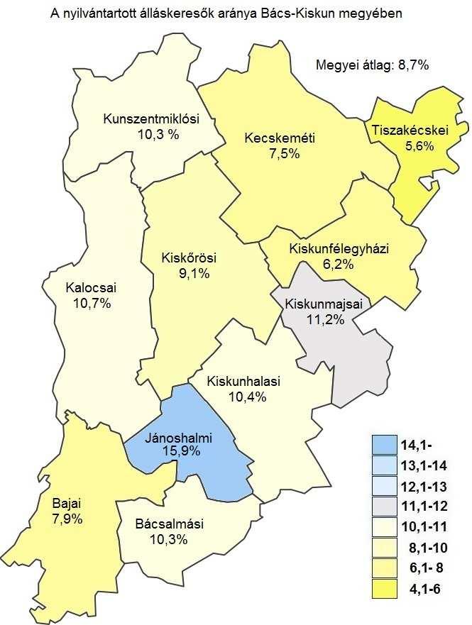 A nyilvántartott álláskeresők arányának alakulása (a gazdaságilag aktív népesség %-ában) Járás A nyilvántartott álláskeresők aránya, % a/ 2015 2014 október szeptember október Kecskemét 7,5 7,7 8,2