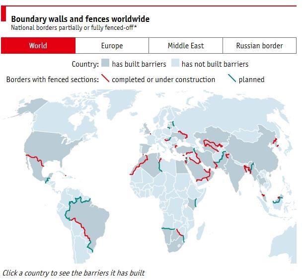 Kerítések, falak a világban és Európában 2015 szeptemberi állapot The Economist 7 Jan 2016 Sources: Élisabeth Vallet, Josselyn Guillarmou, and Zoé