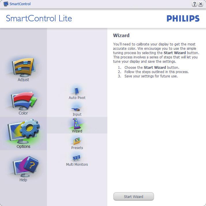 beállítást stb végez. Első indítás varázsló A SmartControl Lite telepítését követő első alkalommal automatikusan elindítja az első indítási Wizard (varázslót).
