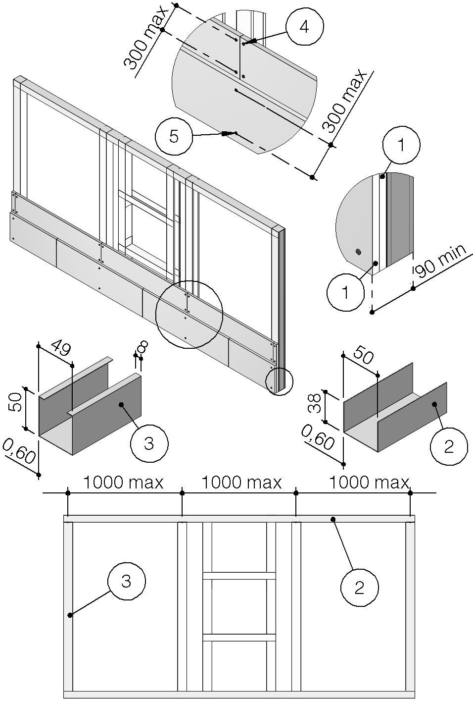1. 20 mm vastagságú gipszkarton 2. Vízszintes U-profil 3. Függőleges C-profil 4. Önmetsző csavar, Ø 3,5 X 35 mm 5.