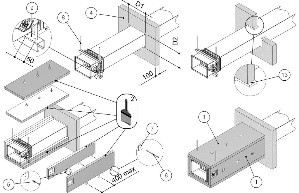 D1 Nyílás szélessége: lásd a fenti táblázatban 1. 50 mm vastagságú, 140 kg/m³ sűrűségű kőzetgyapotlemez. 2. PROMASTOP E PASTE vagy HILTI CFS-S ACR tömítés 3.