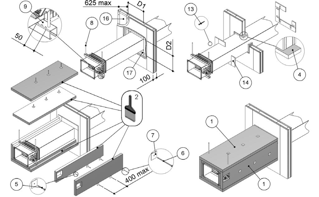 D1 Nyílás szélessége: lásd a fenti táblázatban 1. 50 mm vastagságú, 140 kg/m³ sűrűségű kőzetgyapotlemez. 2. PROMASTOP E PASTE vagy HILTI CFS-S ACR tömítés 3.