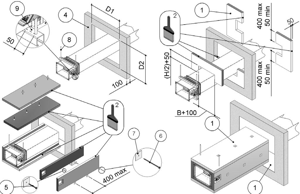 D1 Nyílás szélessége: lásd a fenti táblázatban 1. 50 mm vastagságú, 140 kg/m³ sűrűségű kőzetgyapotlemez. 2. PROMASTOP E PASTE vagy HILTI CFS-S ACR tömítés 3.