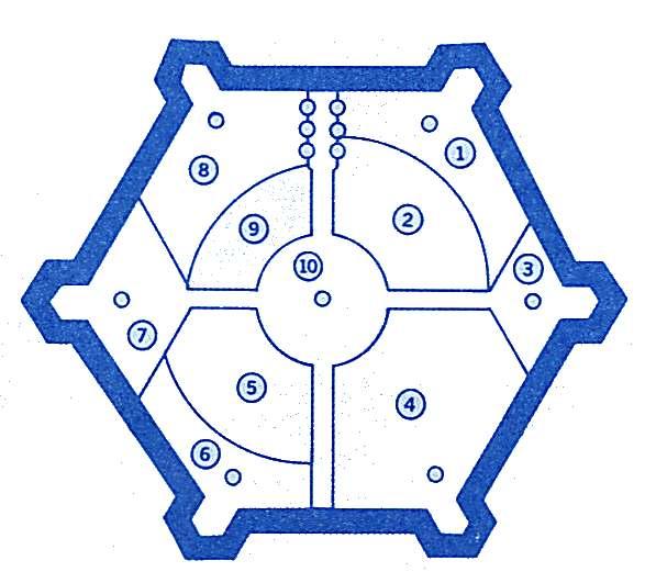 Biztonsági központ (1-5 szint) 4. Turbóliftek (1-6 szint) 5. Börtönrészleg (1-5 szint) 6. Szerelő és kiszolgálószemélyzet körlete (1-5 szint) 7.