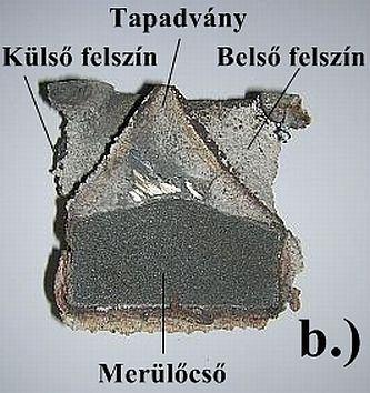felszín Térfogat% 64,33% 21,60% 4,57% 0,90% 91,40% Tapadvány Terület% 83,85% - 1,54% - 85,39% * fennmaradó rész fémes vagy oxidálódott acélbezáródás, illetve üreg A talált endogén és exogén eredetű
