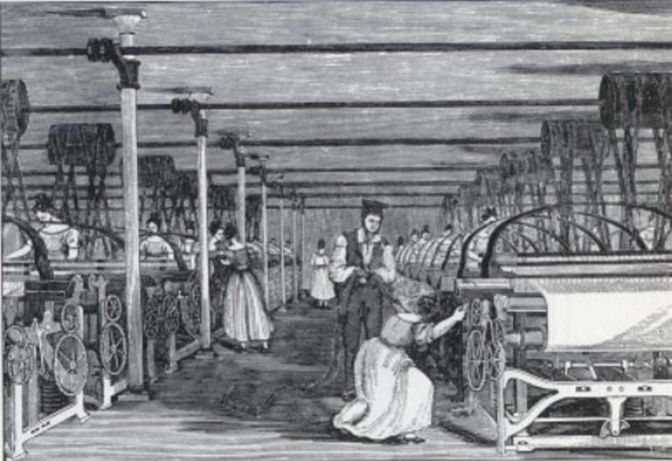 Textilgyár belseje, 1830-as évek,