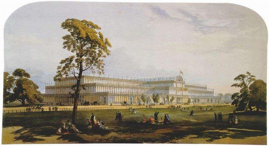Kristálypalota, az 1851-es világkiállítás nagy kiállítási csarnoka, Hyde Park, London, Joseph Paxton Hossza 564 méter, a középső hajó