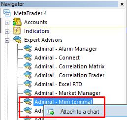 Hogy meg nyisd a Mini Terminált: 1. nyiss meg egy új chartot, a meglévő MT4-ben és 2. keress rá a Mini terminal -ra az expert advisor (EA) listában a navigátor ablakban. Most vagy: 1.