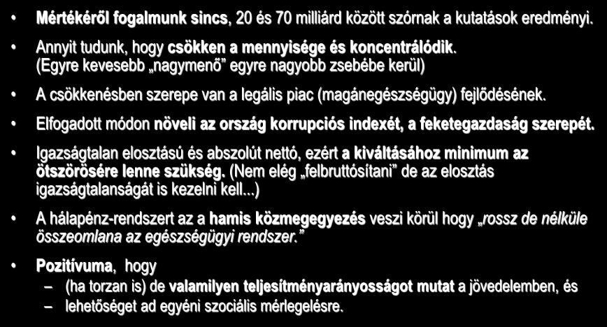 A hálapénz rendszer és hatásai II. Mértékéről fogalmunk sincs, 20 és 70 milliárd között szórnak a kutatások eredményi. Annyit tudunk, hogy csökken a mennyisége és koncentrálódik.