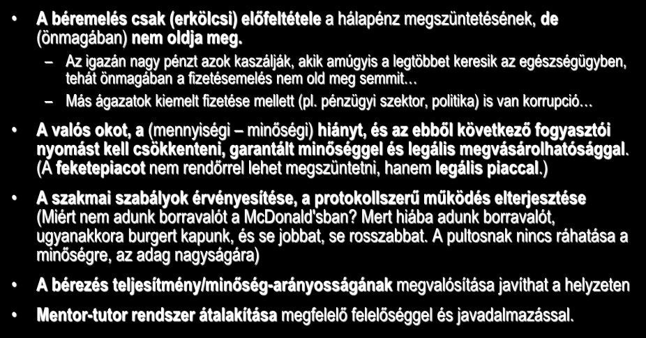 A hálapénz megoldása I. A béremelés csak (erkölcsi) előfeltétele a hálapénz megszüntetésének, de (önmagában) nem oldja meg.