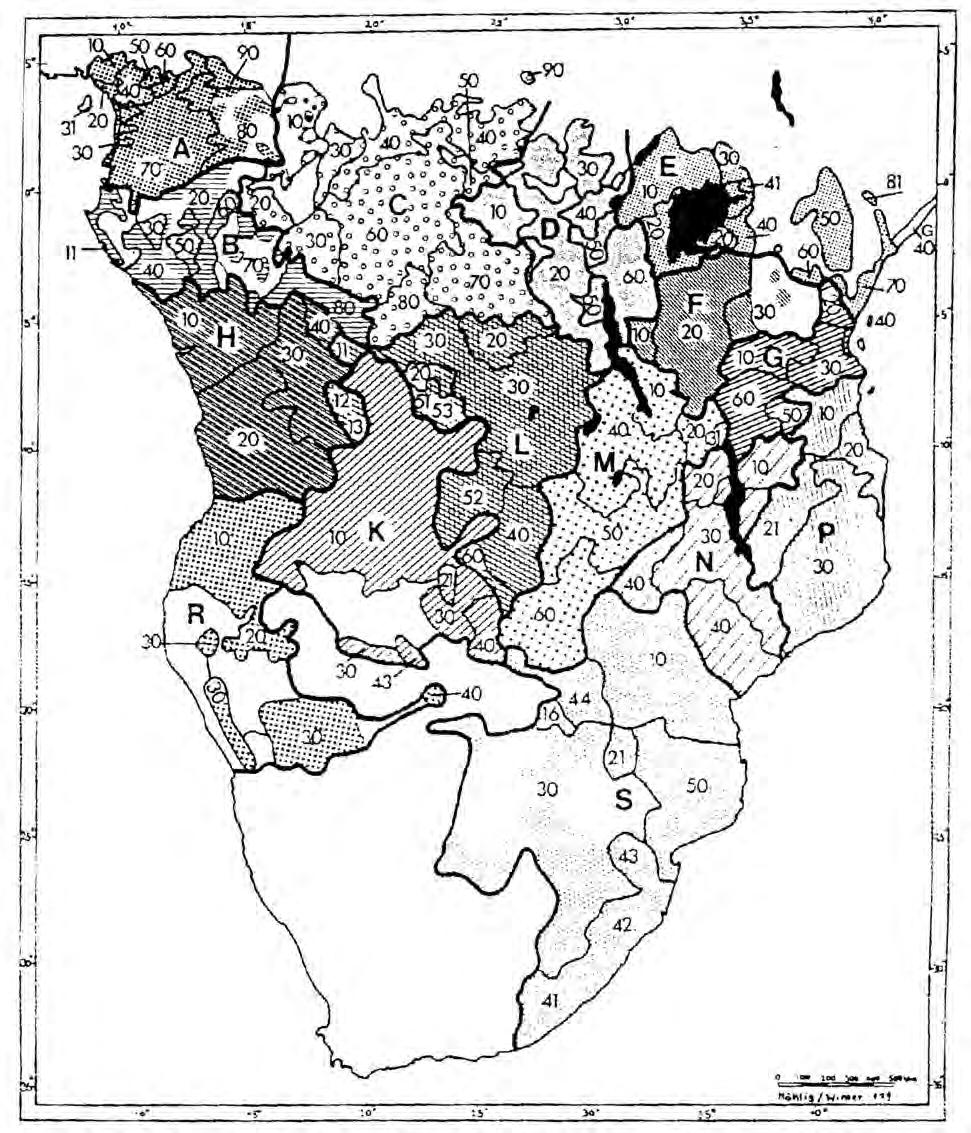 40 A BANTU NYELV EK Térképvázlat Guthrie bantu nyelvi zónáihoz Más szempontok szerint, de a földrajzi elhelyezkedést is figyelembe véve állította össze 1959-ben Margaret Bryan saját osztályozását.