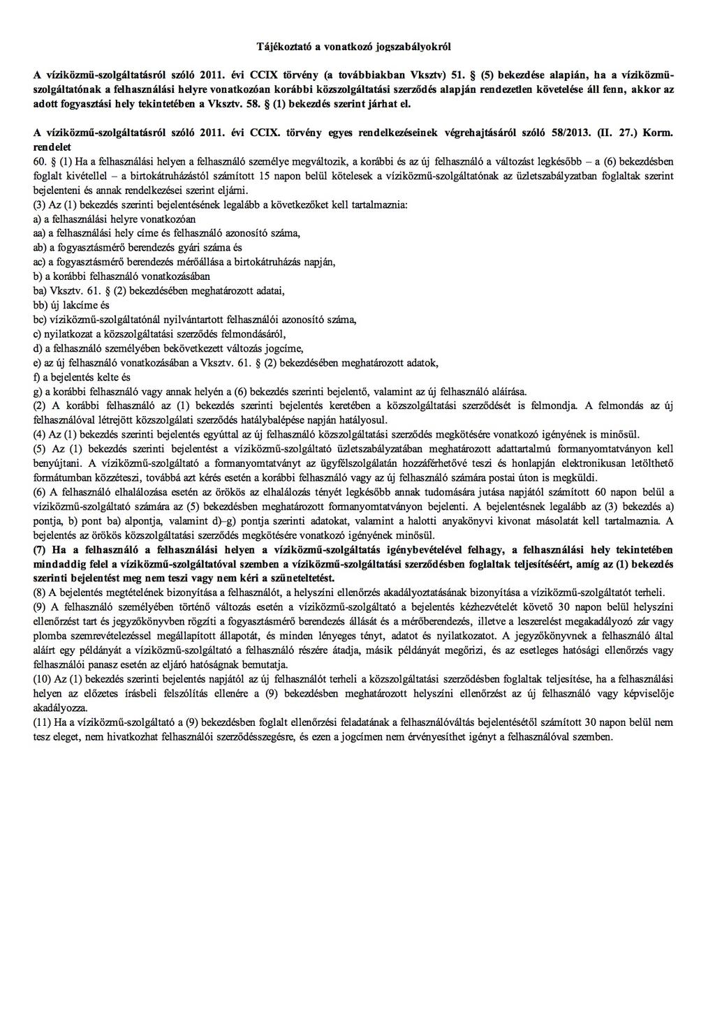Heves Megyei Vízmű Zrt. Üzletszabályzatának 14. sz. melléklete 8.