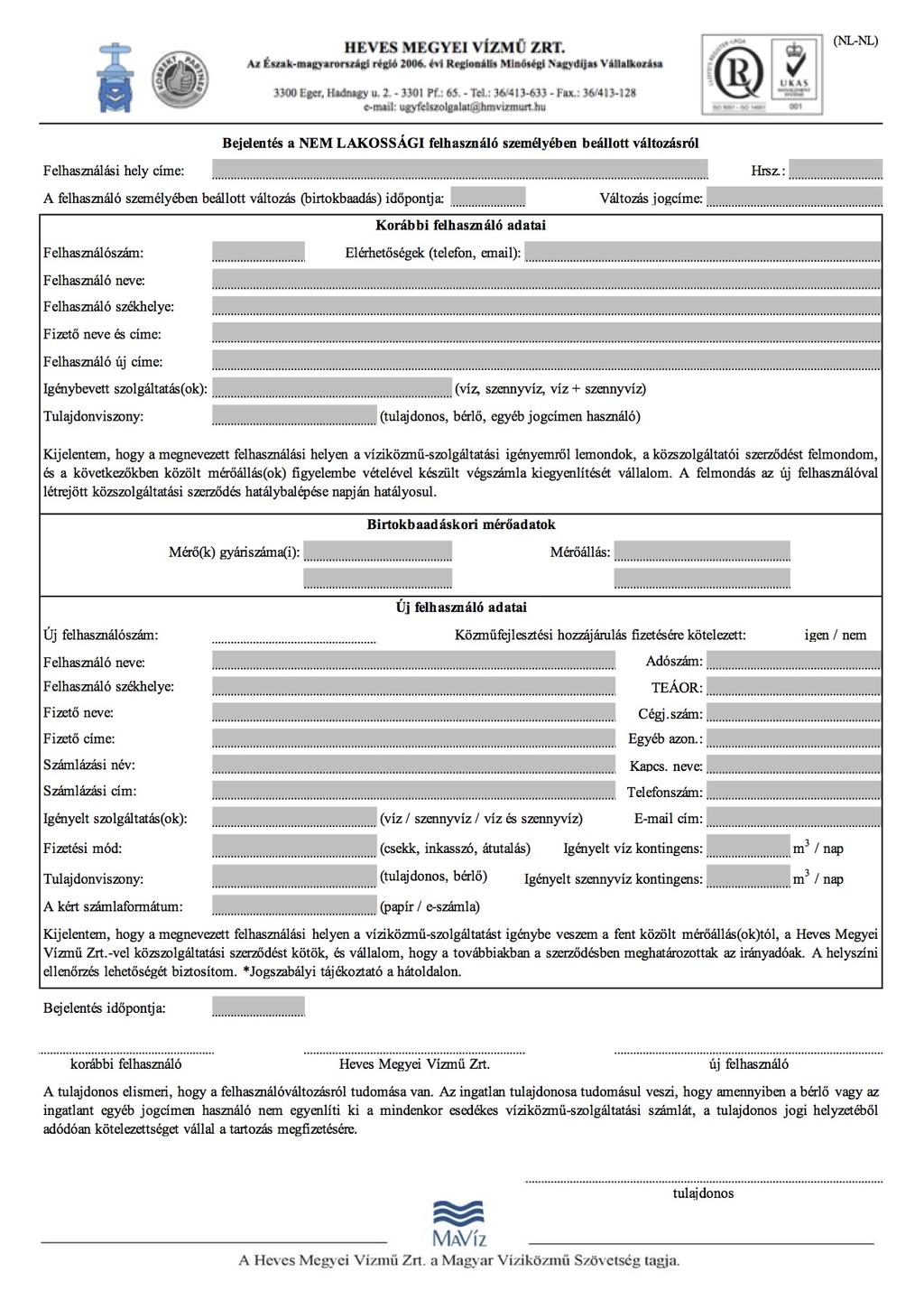 Heves Megyei Vízmű Zrt. Üzletszabályzatának 15. sz. melléklete 8.
