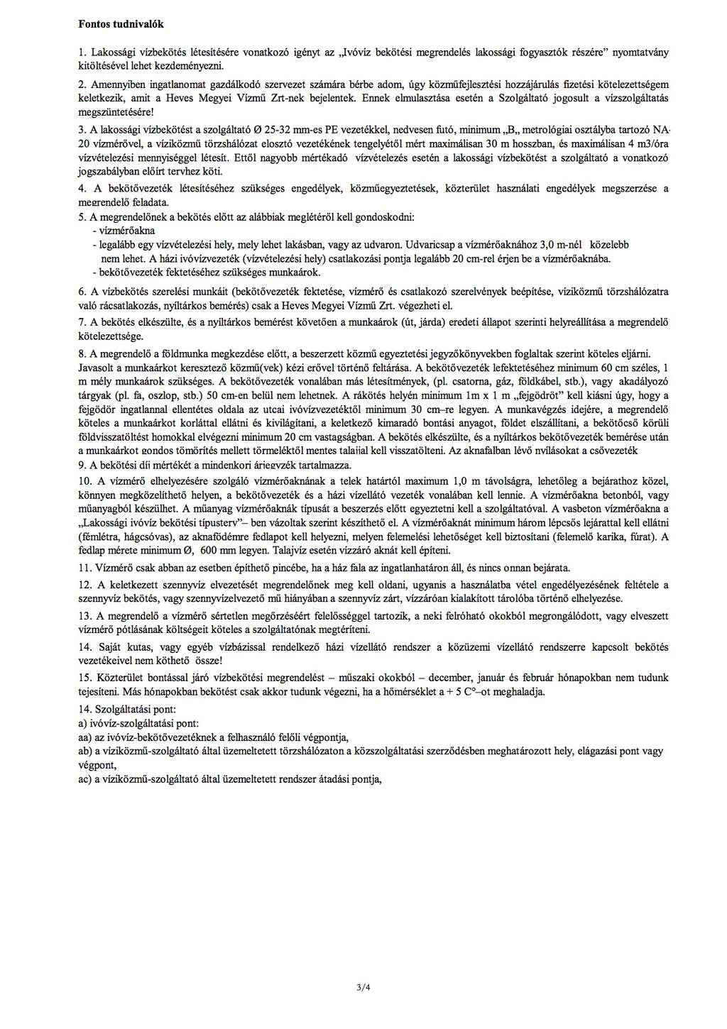 Heves Megyei Vízmű Zrt. Üzletszabályzatának 2. sz. melléklete 8.