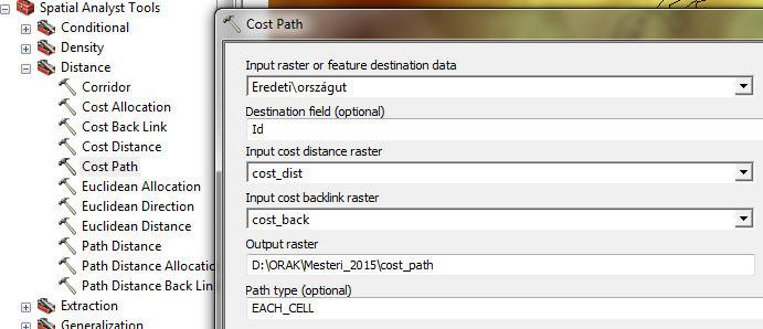 A legrövidebb út megkeresése 38. Indítsuk el a legrövidebb utat kereső algoritmust: Spatial Analyst Tools Distance Cost Path Végezzük el a lenti ábrán látható beállításokat.