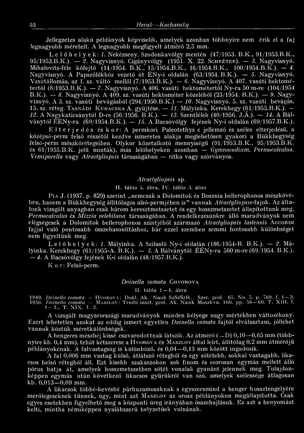 B.K., 100/1954.B.K.). 4. Nagyvisnyó. A Papszőlőkhöz vezető út ÉNy-i oldalán (63/1954. B.K.). 5. Nagyvisnyó. Vasútállomás, az 1. sz. váltó mellől (7/1953.B.K.). 6. Nagyvisnyó. A 407.