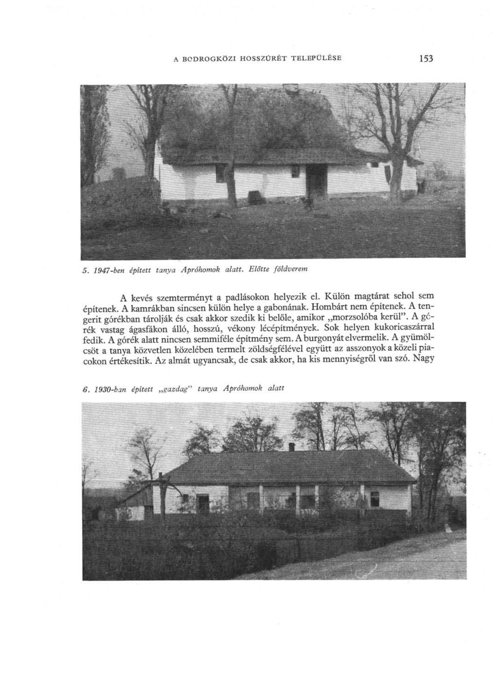 A BODROGKÖZI HOSSZÚRÉT TELEPÜLÉSE 153 5. 1947-ben épített tanya Apróhomok alatt. Előtte földverem A kevés szemterményt a padlásokon helyezik el. Külön magtárat sehol sem építenek.