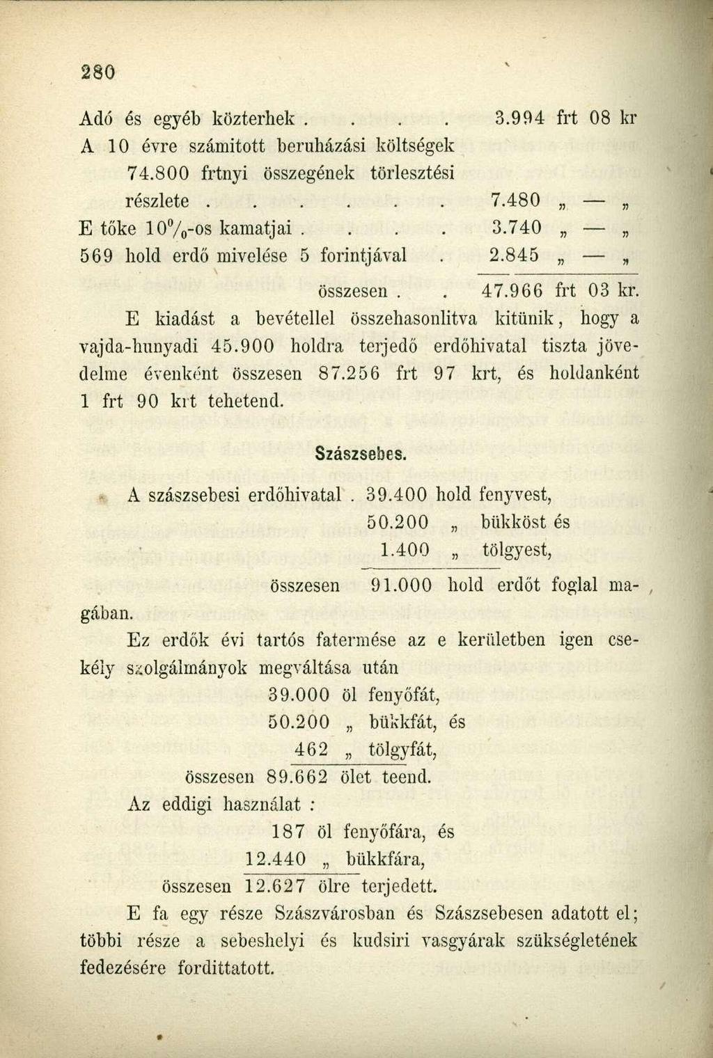 Adó és egyéb közterhek.... 3.994 frt 08 kr A 10 évre számitott beruházási költségek 74.800 frtnyi összegének törlesztési részlete 7.480 E tőke 10%-os kamatjai.... 3.740 569 hold erdő mivelése 5 forintjával.