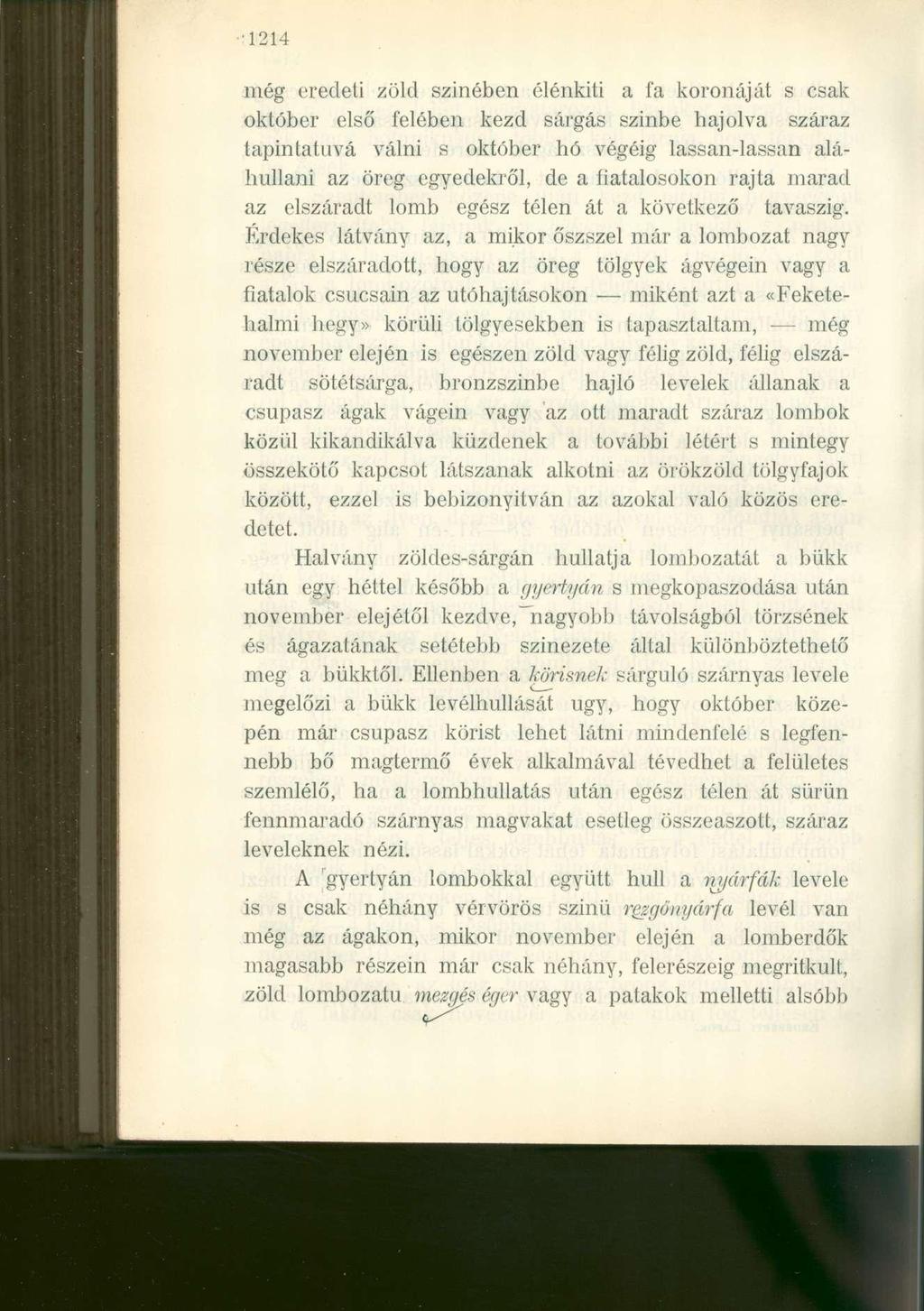 1214 még eredeti zöld szinében élénkíti a fa koronáját s csak október első felében kezd sárgás szinbe hajolva száraz tapintatuvá válni s október hó végéig lassan-lassan aláhullani az öreg egyedekről,