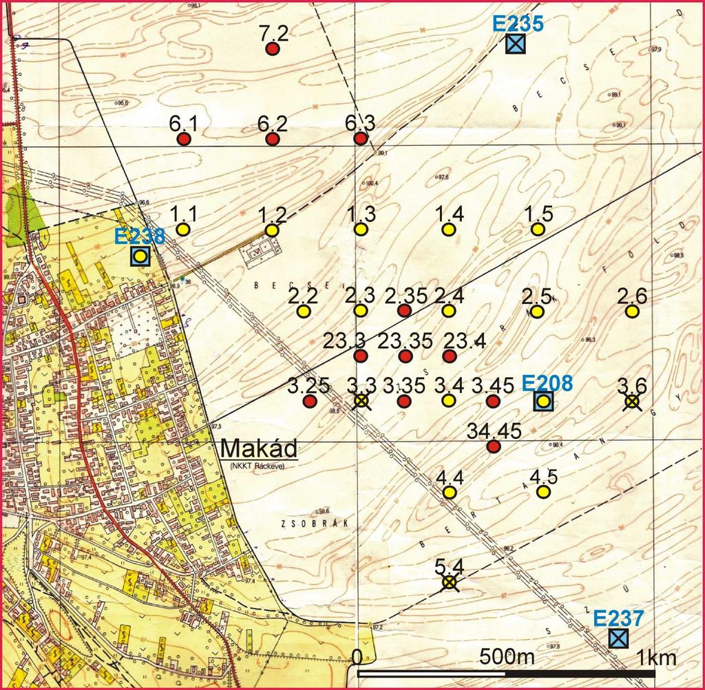 6.1. ábra. A Makád melletti tesztterület a Csepel-sziget déli részén. A 6.. ábrán a graviméteres mérésekkel meghatározott vertikális gradiensek izovonalas térképe látható. Az értékek nagyjából a 308.