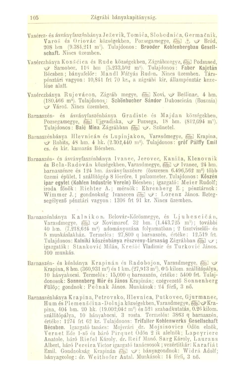 105 Zágrábi bányakapitányság. Vasércz- és ásvány faszéribánya.1 ezevik, Tom i <. a, Slobodniéa, Germaőnik, Varos és Oriovác községekben, Po/.segamcgye, fe] Tf, xp Bród. 208 bm (9.384,211 m).