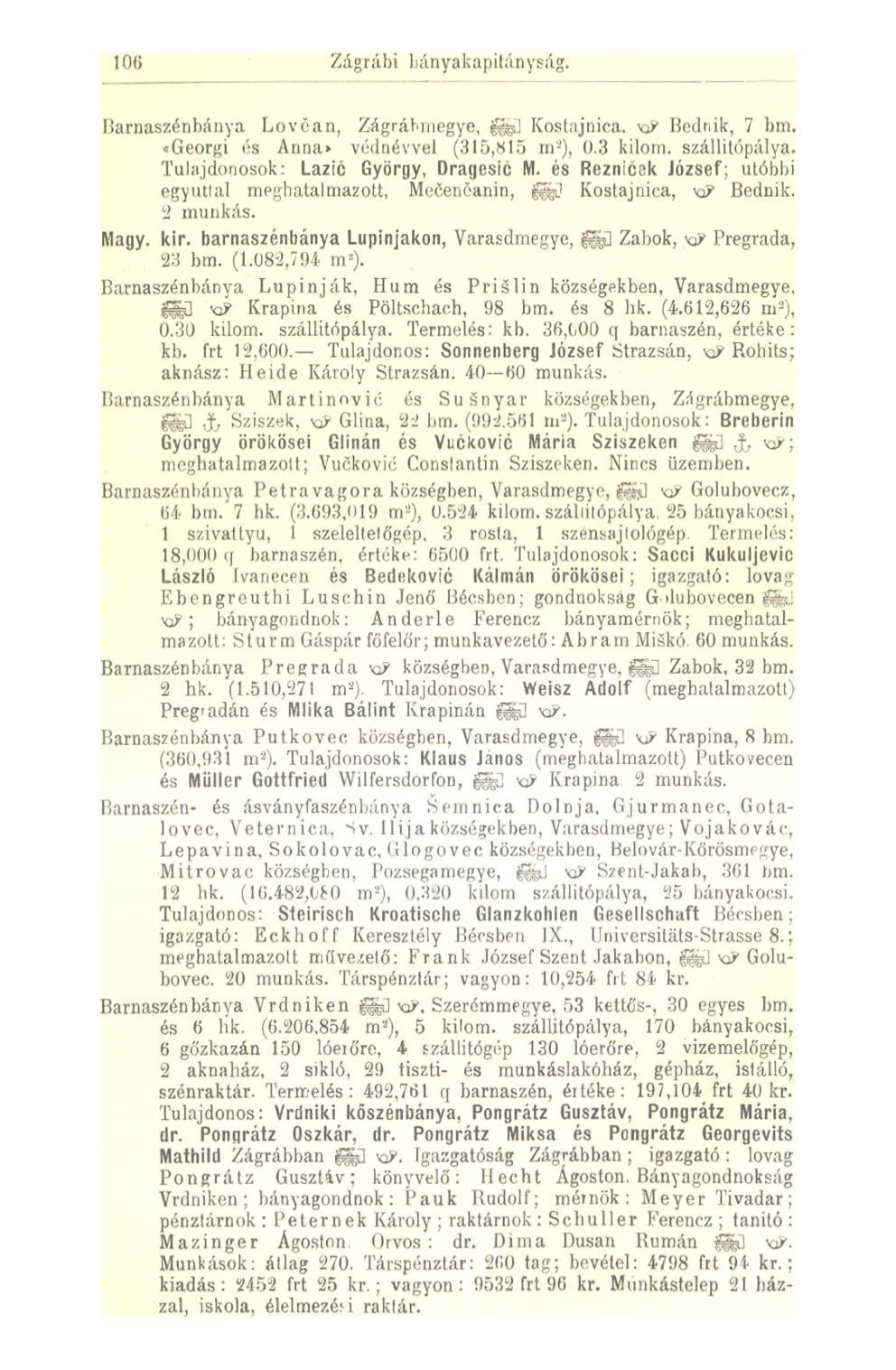 106 Z á g r á b i 1 J á n y a k a p i ti i n y s ág. Barnaszénbánya Lovöan, Zágráhmegye, fej Kostajnica, xi? Bcdriik, 7 bm. «Georgi ós Anna» védnévvel (315,815 m-), 0.3 kilom. szállitópálya.