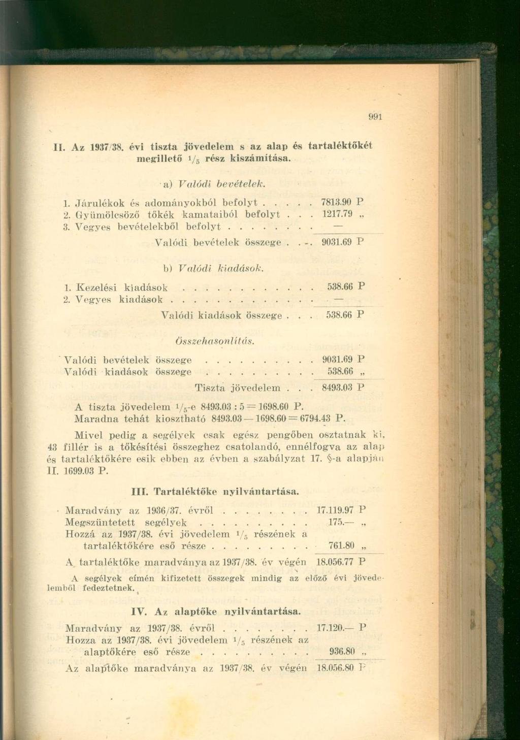 II. Az 1937 38. évi tiszta jövedelem s az alap és tartaléktőkét megillető 1/5 r s z kiszámítása. a) Valódi bevételek. 1. Járulékok és adományokból befolyt 7813.90 P 2.