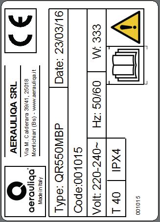 3.5 Típustábla Fig.3.b Rating label 3.b. ábra Típustábla 4 SZÁLLÍTÁS ÉS TÁROLÁS Az Óvintézkedések című 2.