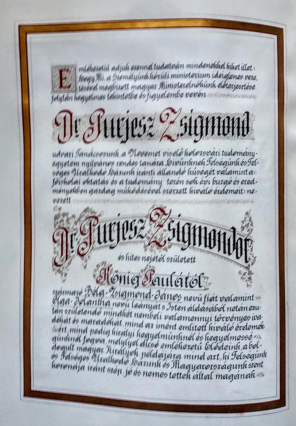 9. ábra. Purjesz Zsigmond sírja a Házsongárdi temetőben (napjainkban) 7. ábra. A nemeslevél második oldala Budapest, 1901. deczember hó 6-án. Wlassich [Gyula] [s. k.] [Alul:] Méltóságos /DR.