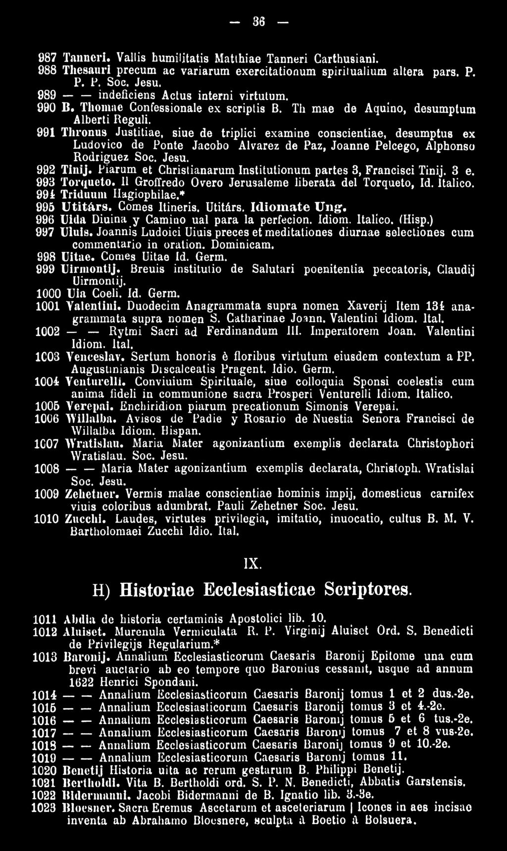 991 Thronus Justitiae, siue de triplici examine conscientiae, desumptus ex Ludovico de Ponte Jacobo Alvarez de Paz, Joanne Pelcego, Alphonso Rodriguez Soc. Jesu. 992 Tinij.