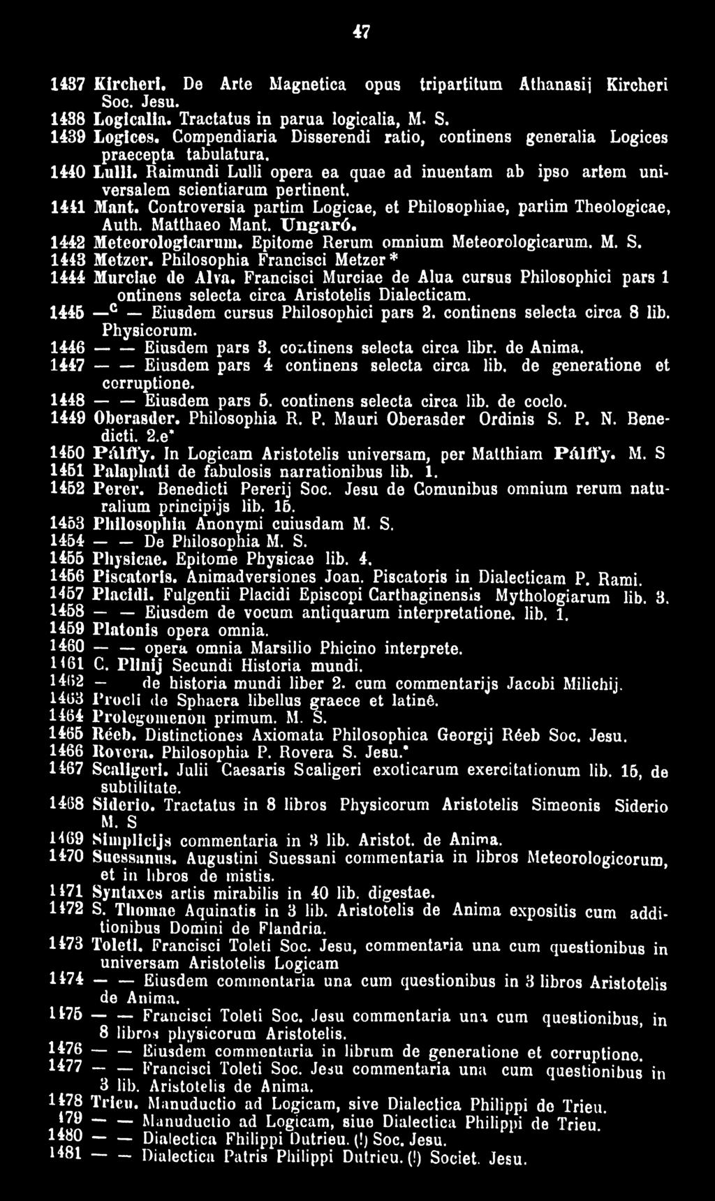 Controversia partim Logicae, et Philosophiae, partim Theologicae, Auth. Matthaeo Mant. U ngaró. 1442 Meteorologicarum. Epitome Rerum omnium Meteorologicarum. M. S. 1443 Metzcr.