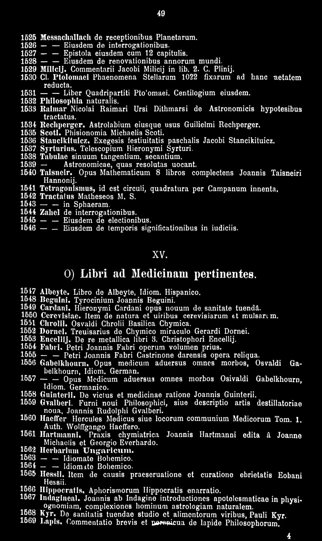1632 Philosophia naturalis. 1633 Raimar Nicolai Raimari Ursi Dithmarsi de Astronomicis hypotesibus tractatus. 1634 Rechpcrger. Astrolabium eiusque usus Guilielmi Rechperger. 1636 Scoti.
