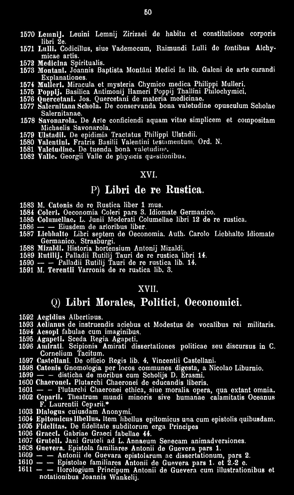Basilica Antimonij Hameri Poppij Thallini Philochymici. 1676 Quercctani. Jos. Quercetani de materia medicinae. 1577 Salernitana Schola. De conservanda bona valetudine opusculum Scholae Salernitanae.