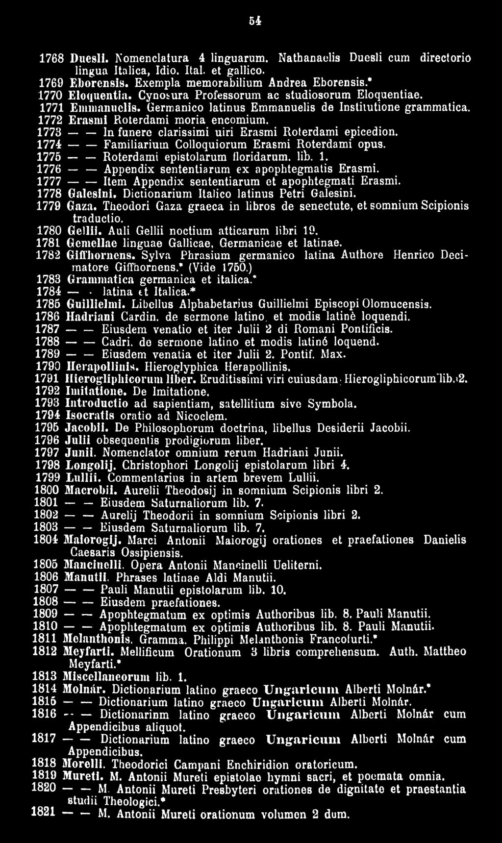 1773 In funere clarissimi uiri Erasmi Roterdami epicedion. 1774 ------ Familiarium Colloquiorum Erasmi Roterdami opus. 1775 Roterdami epistolarum floridarum, lib. 1. 1776 Appendix sententiarum ex apophtegmatis Erasmi.