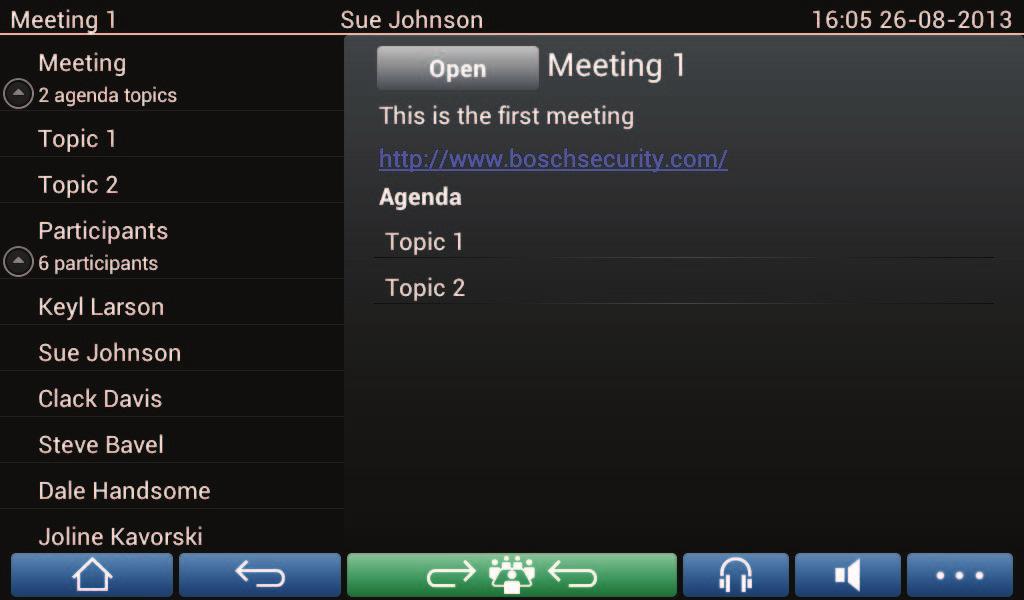 A jogosultságoktól függően egy értekezlet az Aktiválás gomb megnyomásával aktiválható: Egy értekezlet aktiválásakor az összes készülék az értekezlet képernyőre vált.