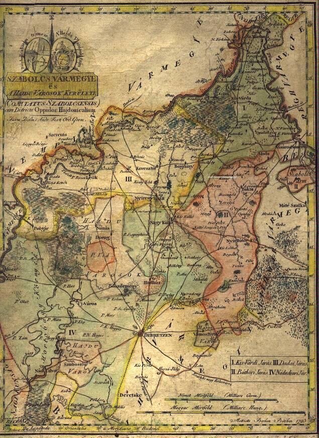 6 Ramocsaháza község 1793-ban (Szabolcs és Hajdú vármegye korabeli térképe) A XVIII. században a falut a Ramocsaházi-juss leányági örökösei, a Jármy, Erdõdy és a Nyárády család kezén találjuk.