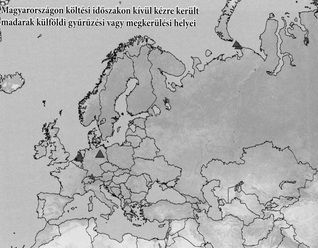 4. térkép: Magyarországon a költési időszakon kívül kézre került vetési ludak külföldi gyűrűzési, vagy megkerülési helyei (FARAGÓ & PELLINGER, 2009) Map 4: Foreign ringing or recovery location of