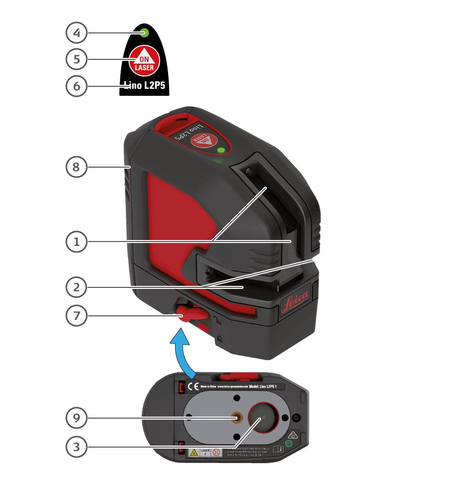 Áttekintés Áte k in té s A Leica Lino L2P5/L2P5G egy automatikusan vízszintesbe álló többfunkciós lézer. Egy eszközben egyesíti egy vonalkeresztes lézer és egy pontlézer előnyeit.