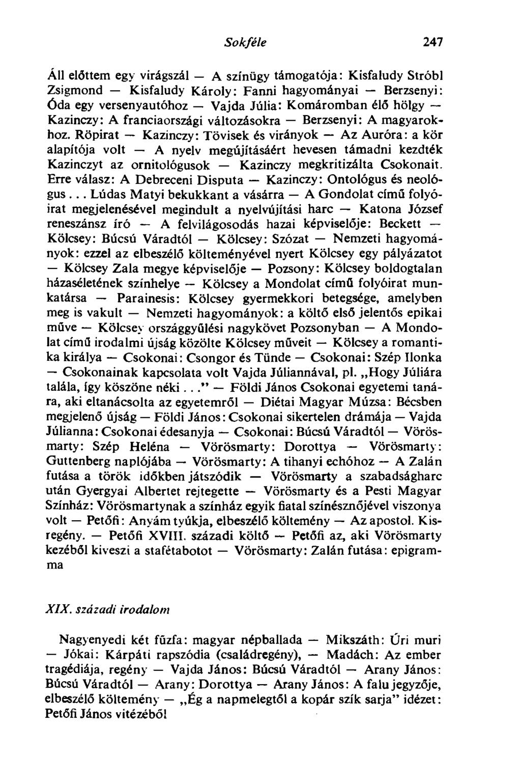 Sokféle 247 Áll előttem egy virágszál A színügy támogatója: Kisfaludy Stróbl Zsigmond Kisfaludy Károly: Fanni hagyományai Berzsenyi: Óda egy versenyautóhoz Vajda Júlia: Komáromban élő hölgy Kazinczy: