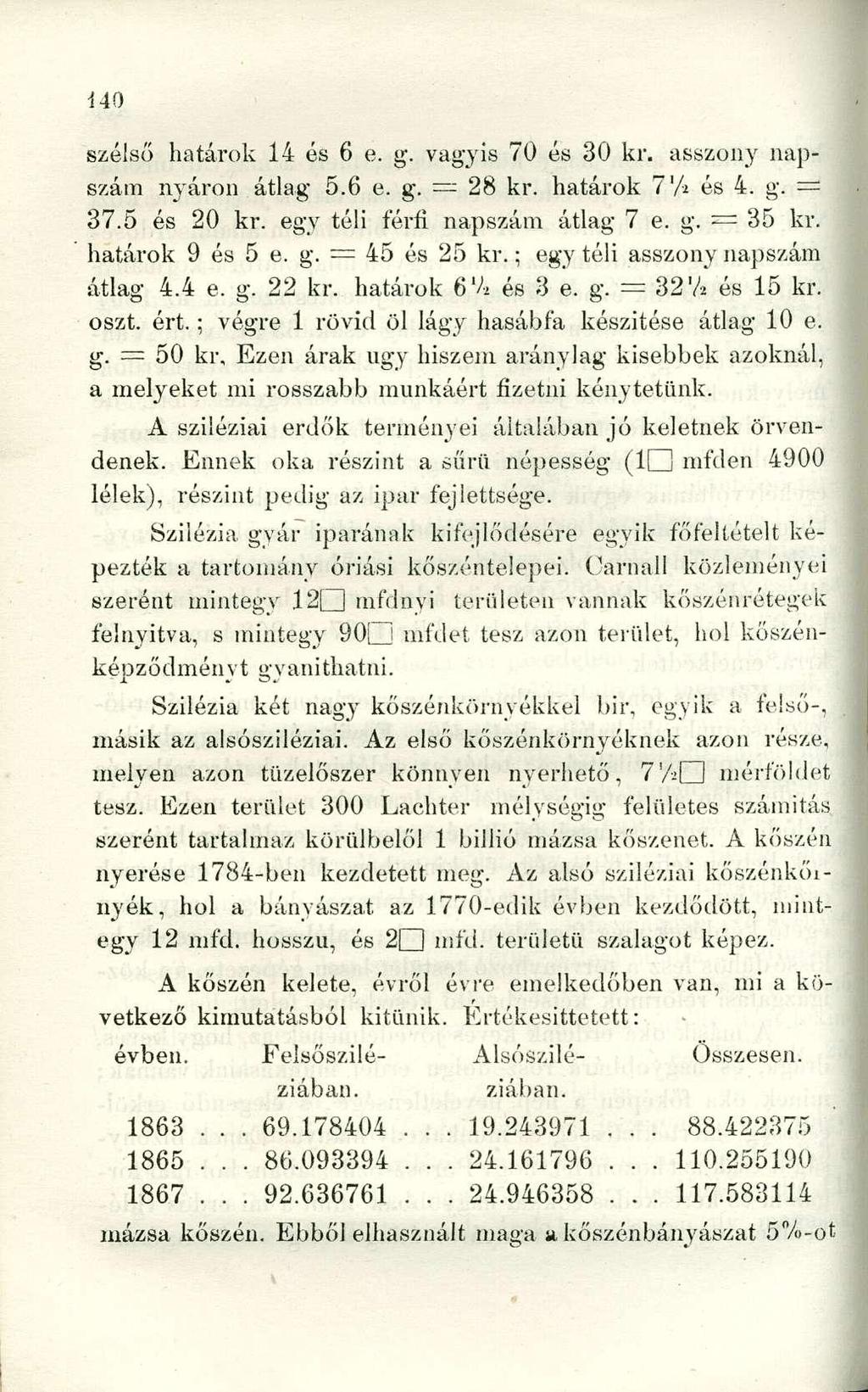szélső határok 14 és 6 e. g. vagyis 70 és 30 kr. asszony napszám nyáron átlag 5.6 e. g. 28 kr. határok 7'A és 4. g. =* 37.5 és 20 kr. egy téli férfi napszám átlag 7 e. g. a== 35 kr. határok 9 és 5 e.