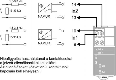 6.2. NAMUR érzékelő vagy kontaktus csatlakoztatása Az alábbi ábra mutatja a készülék csatlakoztatását a NAMUR érzékelőhöz vagy kontaktushoz: Bekötési rajz, csatlakoztatás a NAMUR érzékelőhöz vagy