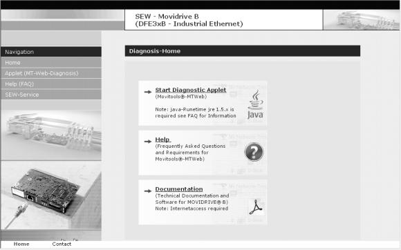 Integrált webszerver A DFS21B opcióval ellátott MOVIDRIVE MDX61B kezdőlapjának felépítése 10 10.