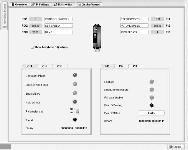 10 Integrált webszerver A diagnosztikai applet felépítése Példa: Buszmonitor plugin MOVIDRIVE -hoz A vezérlés és a MOVIDRIVE B közötti folyamatadatok
