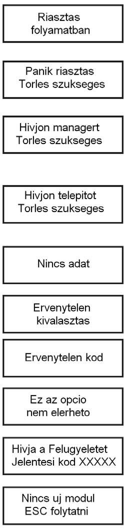 Riasztási és segítség üzenetek Riasztás folyamatban A rendszer riasztási állapotban van, melyet nyugtázni és törölni kell egy érvényes kód bevitelével, vagy egy kulcsos kapcsoló elfordításával.