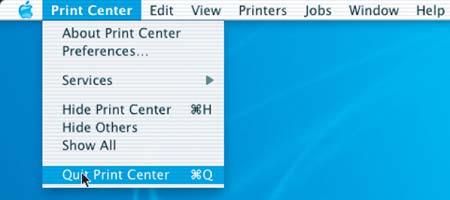 Vezetéknélküli hálózt Mintosh j Kttintson Print Center (Nyomttási központ) elemre, mj kttintson Quit Print Center (Nyomttási központ ezárás) elemre.
