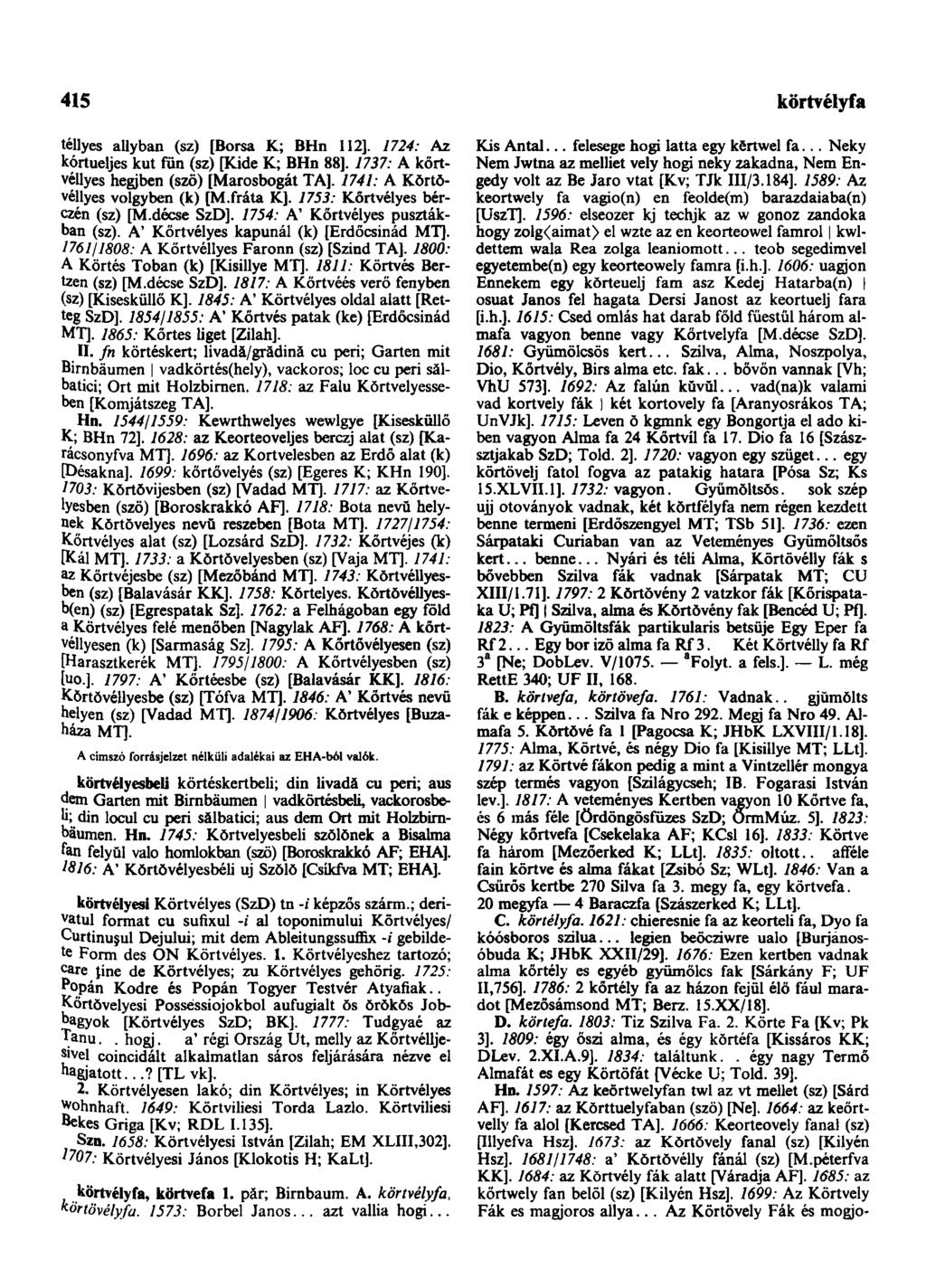 415 téllyes allyban (sz) [Borsa K; BHn 112]. 1724: Az kórtueljes kut fün (sz) [Kide K; BHn 88]. 7737: A kőrtvéllyes hegjben (szö) [Marosbogát TA]. 1741: A Körtŏvéllyes völgyben (k) [M.fráta K].