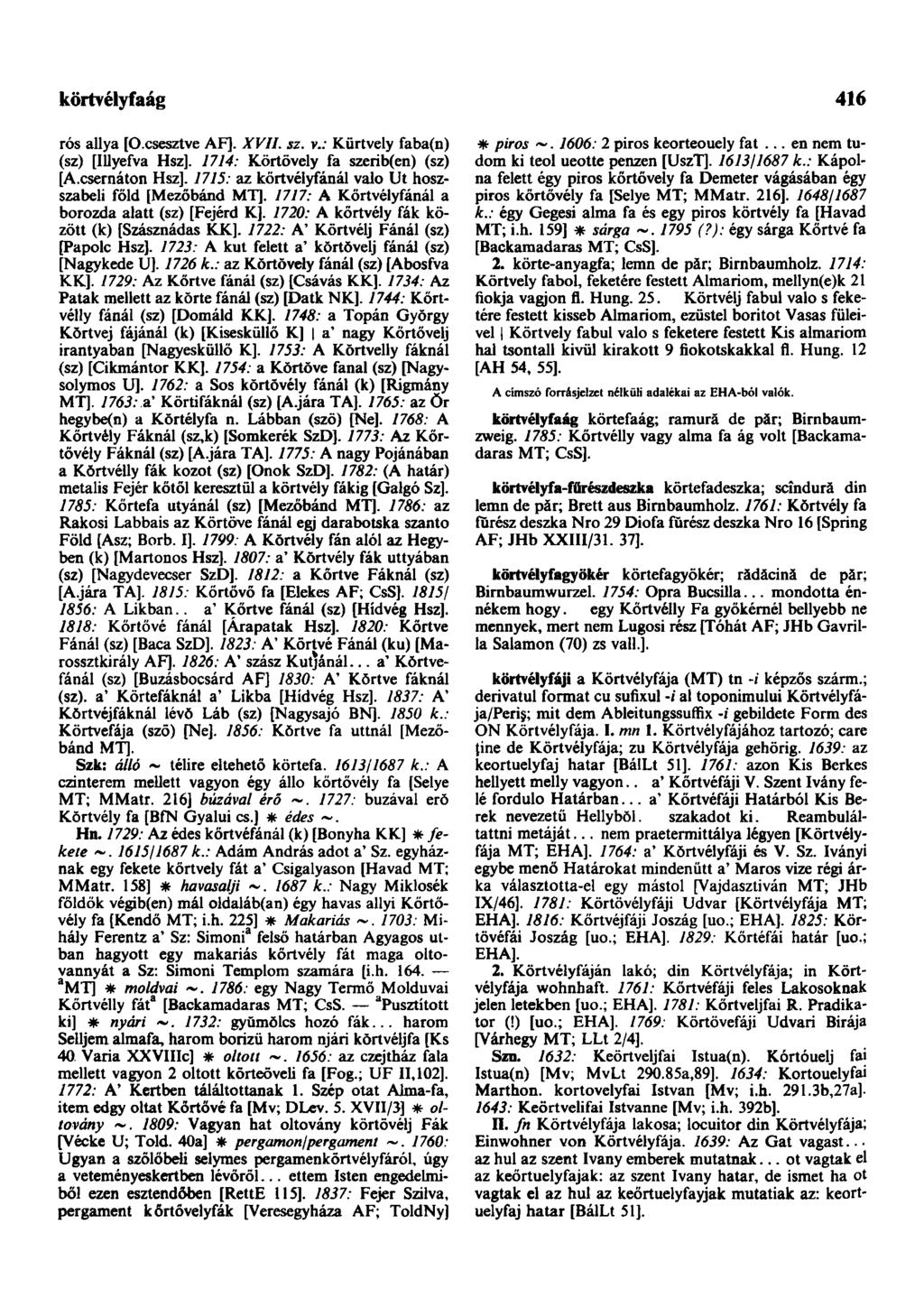 körtvélyfaág rós allya [O.csesztve AF]. XVII. sz. v.; Kürtvely faba(n) (sz) [Illyefva Hsz]. 1714: Körtövély fa szerib(en) (sz) [A.csemáton Hsz].